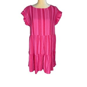 LOFT Hot Pink Tiered Ruffle Jacquard‎ Pattern Babydoll Dress Medium